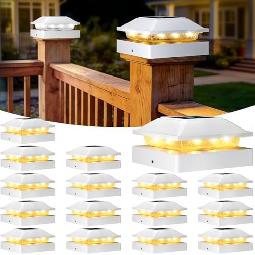 Peasur 4x4 Post Solar Lights 16 Pack, 2 Modes 16 LED Solar Post Cap Light Waterproof, Black Deck Fence Post Solar Lights Powered Outdoor, Fit 4x4 Wood/Vinyl Posts for Porch Patio by Peasur