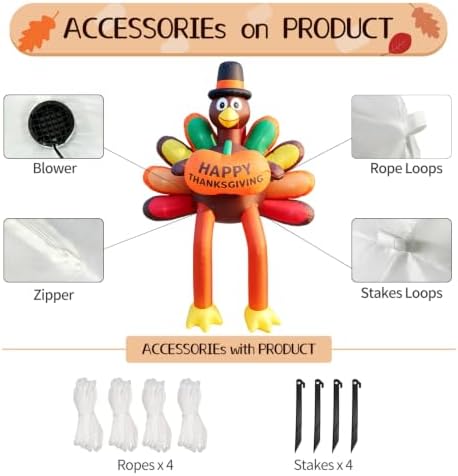 DomKom 8 FT Thanksgiving Turkey Inflatable Outdoor Decorations, Giant Roof Blow Up Turkey with Happy Thanksgiving Pumpkin Sign, Long Legs & Built-in LED Lights for Yard Lawn Garden Holiday Decor - Image 5