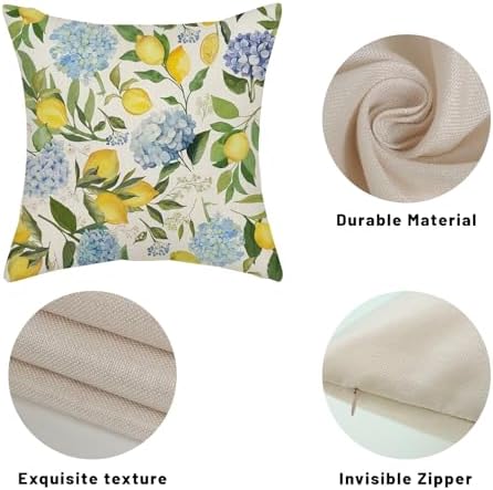 Blue Yellow Pillow Covers 20x20 Inch 2 Pcs Blue Hydrangea Floral Decor Throw Pillows Vintage Lemon Flower Seasonal Summer Outdoor Decoration Pillowcase Linen Cushion Cover for Couch Sofa - Image 7