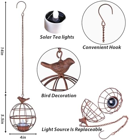 Outdoor Solar Hanging Lantern Lights, 4 Pack Rustic Ball Birdcage Hanging Candle Holder with Solar Tea Lights, Outdoor Waterproof Decorations for Patio, Backyard, Pergola, Tree Decor (Dark Orange) - Image 6