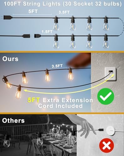 100FT LED Outdoor String Lights with 30 Edison Shatterproof IP65 Waterproof Bulbs, 2700K Dimmable Commercial Grade Patio Lights, Heavy Duty Outside Hanging Light for Garden Porch Deck Decor - Image 5