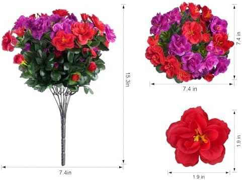 Artificial Faux Outdoor Flowers Plants for Spring Summer Decoration, Fake Silk Camellia UV Resistant Look Real for Planter Outside Front Door Porch Patio Balcony, 3 Large Bundles (Red+Fuchsia) - Image 3