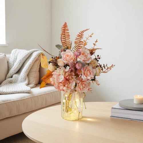 Artificial Fall Flowers with Vase & Lights – Faux Autumn Hydrangea & Rose - Image 7