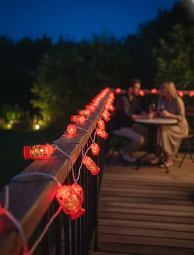 LED Kerosene String Lights, 8.5Ft Outdoor Lantern String Lights with 10 Red Oil Lights, Connectable Vintage Fairy Decorative for Christmas Lights Patio Bedroom Camping Wedding Garden Holiday - Image 2
