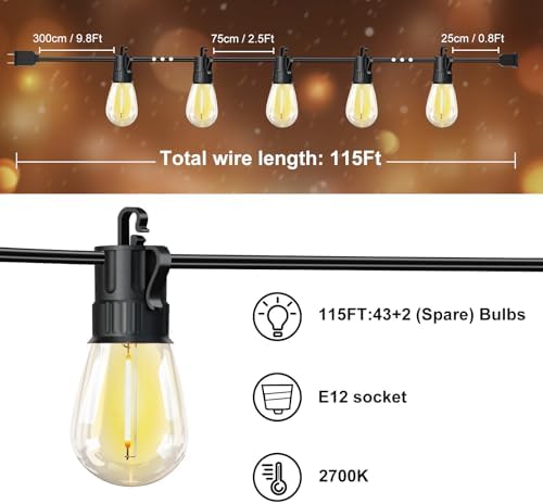 Outdoor String Lights LED Patio-Light,115Ft Waterproof Dimmable Porch Lights with 43 Shatterproof S14 Bulbs,Outside Hanging Light Connectable Lighting for Backyard Yard Gazebo Party Garden Bistro - Image 5