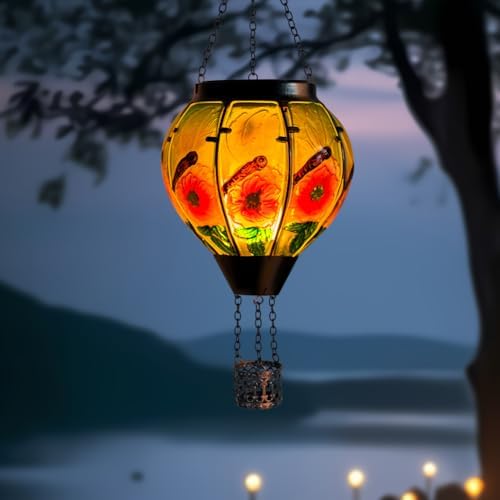 STARSOUL Dragonfly Solar Hot Air Balloon Lantern with Flickering Flame, Hanging Solar Lantern Outdoor Waterproof, Hot Air Balloon Solar Light Decorations for Garden Yard Lawn Porch Porch Backyard - Image 2