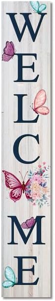 Welcome Spring & Summer Flowers & Butterflies Porch Board 8”x48” Wood Welcome Standing Sign for Front Door Porch Indoor Outdoor Farmhouse Rustic Vertical Porch and Yard Decor by Ymaotrade