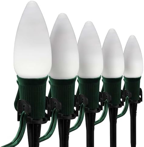 Wintergreen Lighting 25 OptiCore LED C9 Cool White Pathway Christmas Lights, Heavy Duty Vintage Style Bulbs for Driveway, Walkway Marker, 5" Commercial PathPRO Stakes, 18 Gauge Green Wire, 25' by WintergreenLighting