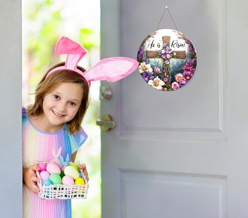 WaaHome He is Risen Sign Wreath for Front Door Decor Religious Cross Easter Hanging Door Decorations, Farmhouse Flower He is Risen Door Sign Hanger for Home Spring Wall Indoor Outdoor Decorations - Image 5