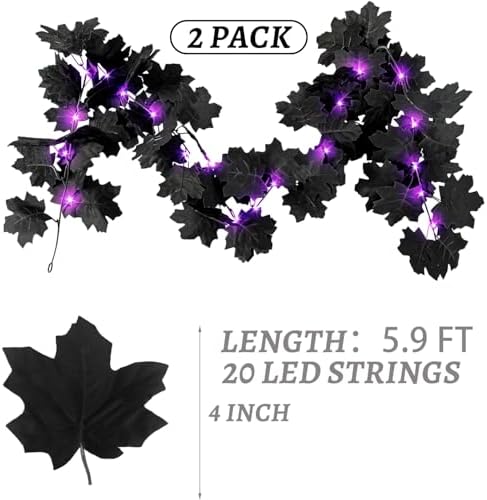 Halloween Black Leaf Garland with Purple Lights, 2 Pack - Image 3