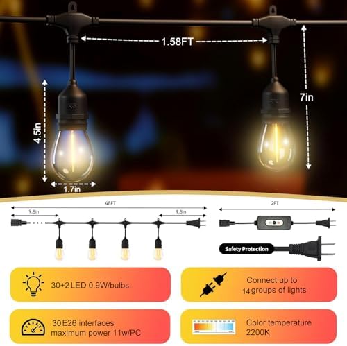 50FT Outdoor String Lights Waterproof with 30+2 Bulbs (1.5FT Bulbs Spacing), Remote & Dimmer, Commercial Grade Patio Lights with 3 Mode Light & Timing,100PC Ties for Outside - Image 2