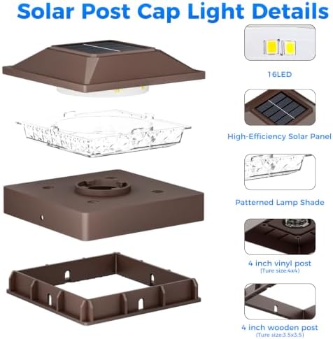 Peasur 4x4 Solar Post Cap Light, 2 Modes 16 LED Fence Deck Post Lights Waterproof, Black Post Lights Solar Powered Outdoor, Fit 4x4, 3.5x3.5 Wood/Vinyl Posts for Porch Fence 2 Pack - Image 6