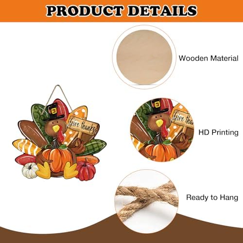 Thanksgiving Turkey Front Door Sign, Fall Give Thanks Pumpkin Wood - Image 3