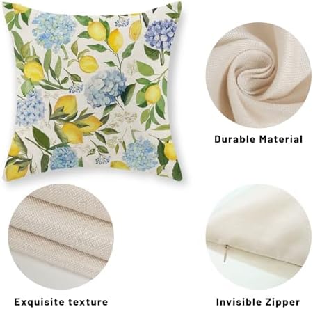 Blue Yellow Pillow Covers 18x18 Inch Set of 2 Lemon Flower Blue Hydrangea Floral Throw Pillows Seasonal Vintage Summer Outdoor Decorative Pillow Cases Decor Linen Cushion Cover for Couch Sofa - Image 7