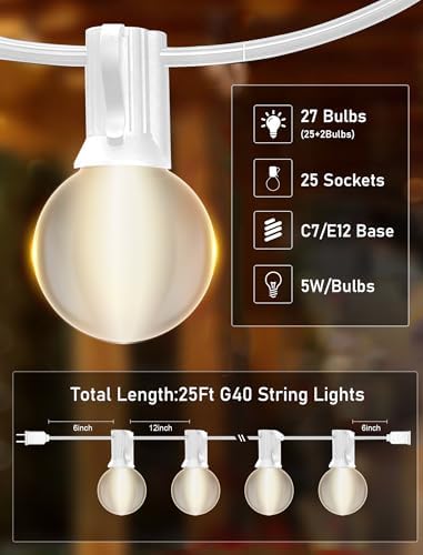 25FT Frosted White Lights G40 Globe Outdoor String Lights Patio Lights with 25 Frosted White Globe Bulbs - White Wire - Image 3