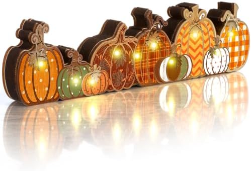 Yousoontic Fall Table Decorations, Light up Pumpkin Table Centerpieces Retro Wooden Sign Decor with LED Lights 3D Block Pumpkin Decor for Autumn Thanksgiving Harvest Farmhouse Home Mantel Desk Party by Yousoontic