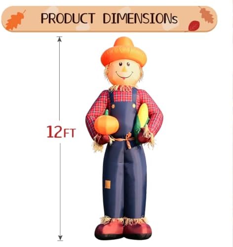 DomKom 12FT Fall Inflatable Scarecrow, Scarecrow Farmer Hold Corn and Pumpkin, Harvest Thanksgiving Blow Up Decorations, Built-in LEDs for Holiday Party, Garden, Lawn, Yard, Patio Décor - Image 4