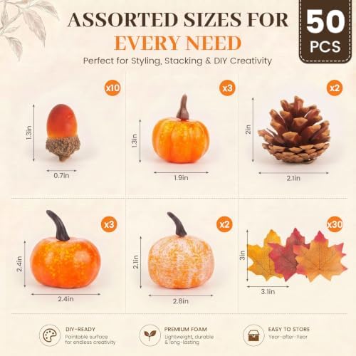 HANSGO 50 PCS Artificial Pumpkins with Pinecones Acorns and Maple Leaves - Image 2