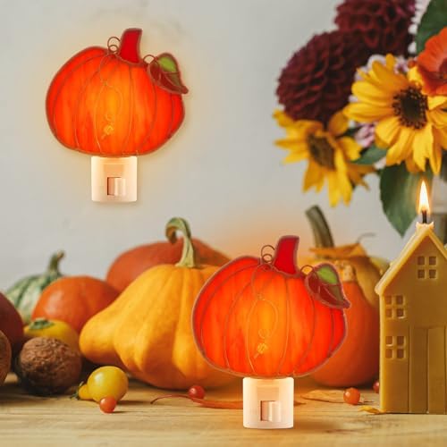 Baquler 2 Pcs Stained Glass Pumpkin Night Light Plug in Wall - Image 4