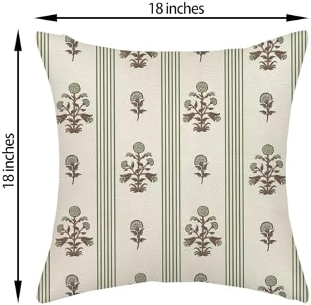 Sage Green Brown Pillow Covers 18x18 Inch Set of 2 Vintage Block Print Floral Throw Pillows Striped Flower Boho Decorative Pillow Cases Linen Outdoor Accent Linen Cushion Cover for Couch Sofa Bed - Image 2