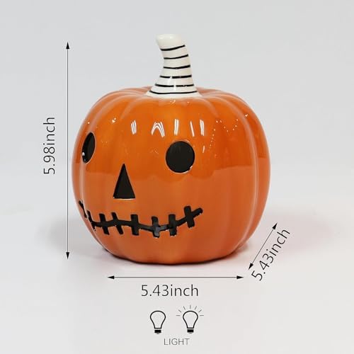 Ceramic Halloween Pumpkin Decor with Built in LED Light Battery Included Glossy Jack O Lantern Tabletop Decoration 5.5" Lighted Pumpkin for Indoor Fall Harvest Home Decor - Image 5