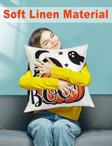 TOYPOPOR Halloween Decorations Double-Side Printing Pillow Covers 18'' x 18'' Set of 4, with 8 Cute Halloween Decor Patterns, Invisible Zipper, Durable Soft Linen Throw Pillow Covers Outdoor Indoor - Image 5