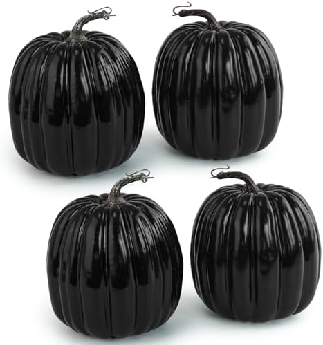 Artmag 6 Inch Large Artificial Pumpkins, 4PCS Big Black Faux Foam Harvest Pumpkins for Fall Autumn Thanksgiving Seasonal Holiday Decor by Artmag