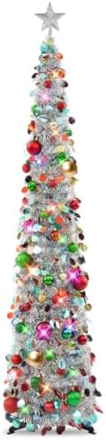 N&T NIETING Pop Up Christmas Tree with Lights, Collapsible Tinsel Xmas Tree Decorations, Pencil Christmas Tree Skinny Tree for Holiday Xmas Home Office Decor, 40 Balls, 6Ft, Silver by NTNIETING