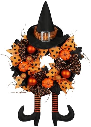 Halloween Wreath for Front Door 16" Tinsel Black Witch Wreath with Hat Legs and Orange Pumpkin for Fall Autumn Indoor Window Door Thanksgiving Halloween Decorations by Arborus