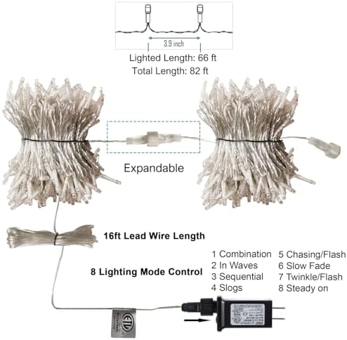 LJLNION 300 LED String Lights Outdoor Indoor, Extra Long 98.5FT Super Bright Christmas Lights, 8 Lighting Modes, Plug in Waterproof Fairy Lights for Holiday Wedding Party Bedroom Decorations ( White) - Image 5