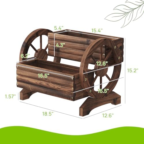Wooden Wagon Planter Cute Garden Flower Pots Cart with wheels, Outdoor Decoration decor Indoor, Drainage hole, Garden decor for succulents herbs veggies for porch patio balcony (Carbonized, Medium) - Image 3