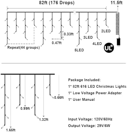 82FT LED Christmas Lights Outdoor with 176 Drops, Christmas Decorations Hanging Lights 616 LED 8 Modes, Fairy String Lights for Wedding Party Holiday Winter Wonderland Decorations Cool White & Blue - Image 6