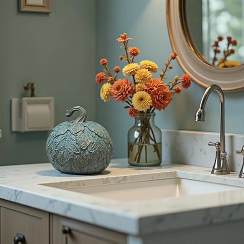 DiliComing Pumpkin Decor Fall Decorations for Home - 6.5 Inch Green Artificial Pumpkin Décor for Indoor and Outdoor, Decorative Fake Pumpkin Table Accent for Home Halloween Thanksgiving - Image 2