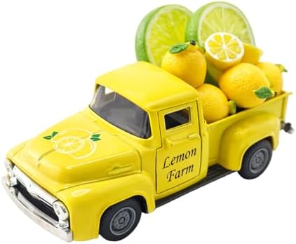 Lemon Farm Truck Decor with 8 Faux Lemons, 5.7 Inch Vintage Yellow Metal Pickup Truck, Spring Summer Farmhouse Kitchen Tabletop Tiered Tray Shelf Mantel Centerpiece Home Decoration,1Set by YIPRONS