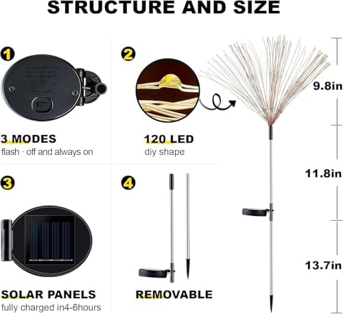 4 PCS Solar Firework Light, Outdoor Solar Garden Decorative Lights 120 LED Powered 40 Copper Wires String DIY Landscape Light for Walkway Pathway Backyard Christmas Decoration Parties (Colorful) - Image 2