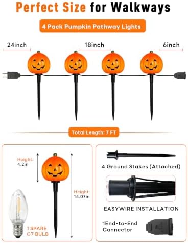 C7 Halloween Pumpkin Pathway Stake Lights, 7 Ft Halloween Pathway String Lights with 4 C7 Bulbs, Stake, Halloweens Decorations Driveway Markers Lights for Outdoor Holiday Garden Walkway Party Lighting - Image 2