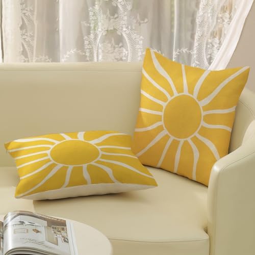 Summer Pillow Covers 16x16 Inch Set of 2, Yellow Sun Decorations Outdoor Throw Pillows Boho Summer Sunshine Sunrise Pillowcase Linen Decor Square Modern Farmhouse Cushion Case for Couch Sofa - Image 4