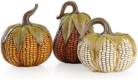 Valery Madelyn Fall Decorations for Home Pumpkins Decor, Set of 3 Resin Artificial Corn Decorative Pumpkins Figurines for Indoor Table Centerpieces Autumn Thanksgiving Halloween Decoration 6.3 Inch by ValeryMadelyn