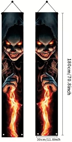 2PCS Halloween Porch Banners Evil Clown 71x12 Inch Vertical Hanging Door Decorations, Scary Haunted House Outdoor Signs for Front Porch Trick or Treat Party Entrance Wall Decor - Image 2