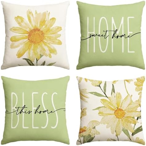 AVOIN colorlife Home Sweet Home Spring Summer Flowers Green Throw Pillow Covers, 16 x 16 Inch Cushion Case for Sofa Couch Set of 4 by AVOINcolorlife