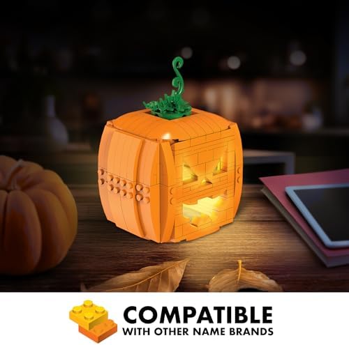 Brickcraft Brick O’-Lantern Building Kit, 233 Pieces | Halloween Pumpkin Decoration with 3 Interchangeable Faces & 2 Flickering Light Bricks | DIY Fall & Thanksgiving Jack-O’-Lantern Gift, Ages 8+ - Image 5