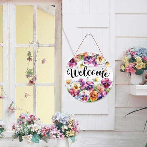 Welcome Spring Sign for Front Door, Spring Viola Tricolor Wooden Sign front Porch Decor, Seasonal Floral Wooden Hanging Decor for Home Outdoor Indoor - Image 4
