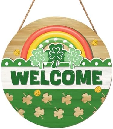 Happy St. Patrick's Day Rainbow Wooden Hanging Sign 12x12 Inch St. Patricks Day Welcome Shamrock Wreath Sign for Front Door Decor,Irish Spring Farmhouse Wood Wreath Indoor Wall Hanging Decoration by welcometoourhome