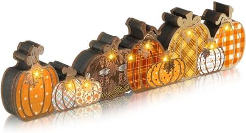 Yousoontic Fall Pumpkin Decor Table Centerpieces Halloween Wooden Pumpkin Sign Decorations with LED Lights 3D Block Autumn Harvest Farmhouse Fall Thanksgiving Decor for Home Mantel Desk Office Party by Yousoontic