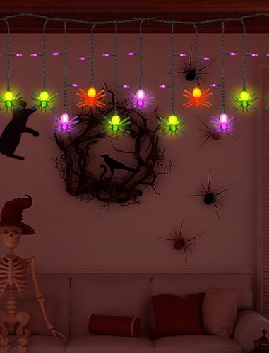7Ft Halloween Spider Curtain String Lights Outdoor Waterproof, 25LED Plug-in Halloween Decorations with 10 Colorful Spider Lights, Spooky Party Decor for Haunted House, Patio, Porch, Yard, Window - Image 5
