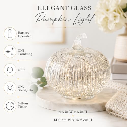 Silver Mercury Glass Pumpkin Light with 2 Lighting Modes and 6-Hour Timer, 5.5 x 6 Inch Battery Operated Fall Decor for Thanksgiving and Christmas Table Centerpiece - Image 6