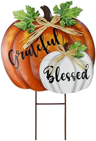 18" H Metal Pumpkin Garden Stake Grateful Fall Pumpkins Welcome Yard Sign by KKILIPES