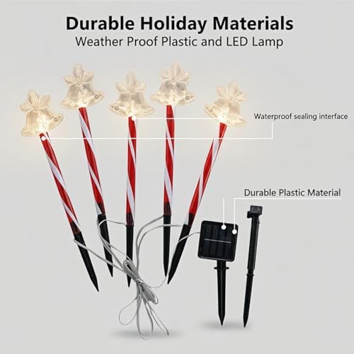 Solar Christmas Pathway Lights - 5 Designs (Star, Snowflake, Santa, Bell), Auto On/Off, Waterproof Warm White LED Color Stake Lights for Garden Yard Holiday Party Décor (Bell) - Image 4