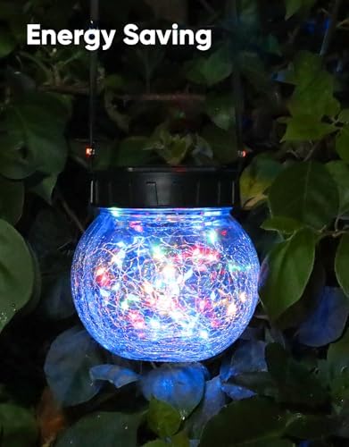 PARTPHONER Solar Lights Outdoor Waterproof 12-Pack, Solar Powered Hanging Lantern Cracked Glass Hanging Globes for Yard Decor Christmas Decoration, Shepherd Hook, Garden Tree Ornaments, RGB - Image 5