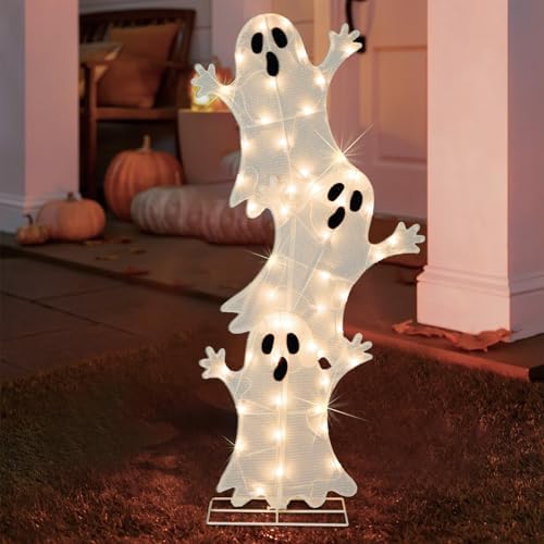 Halloween Lighted 3 Stacked Ghosts, 42’’ H Pre-Lit Lighted Ghosts with 50 Warm White Lights, Light Up Halloween Ghost Decoration for Indoor, Outdoor, Porch, Yard, Holiday Decor by SUNNYPARK